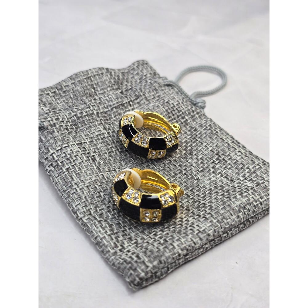 Vintage Black Enamel & Rhinestone Checkerboard Clip Earrings